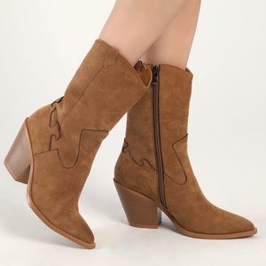 Lulu's Hanxy Tan Suede Pointed-Toe Mid-Calf Boots